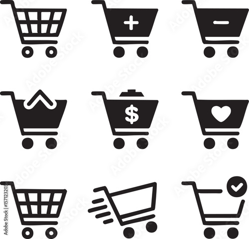 Black and white shopping cart icon set with various symbols representing actions and commerce related operations in vector format