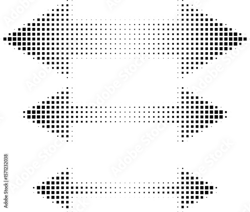 Abstract retro illustration of square halftone double sided arrows pointing left and right. Black square dot pattern, geometric arrow shapes. Minimalistic, horizontal orientation, abstract design.