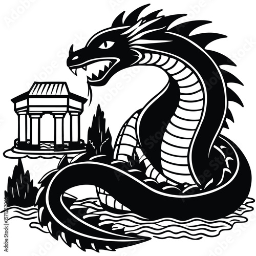 Mythical sea serpent emerging from water near ancient greek temple silhouette