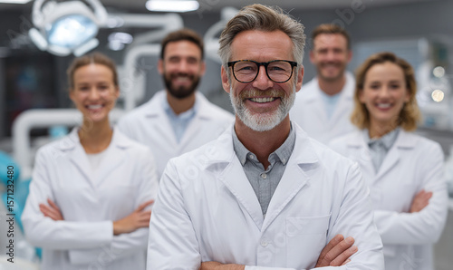 A group of smiling dentists in white coats standing in a dental office setting