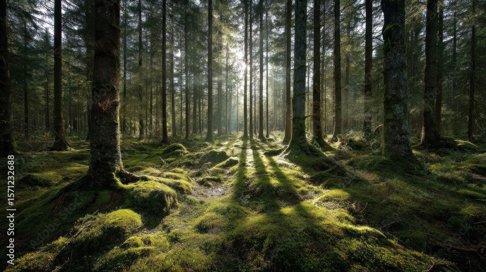 Obraz premium Sunlight filtering through a dense forest