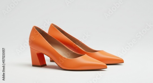 Two vibrant orange high-heeled shoes, pointed toes, and block heels, presented against a plain white background
