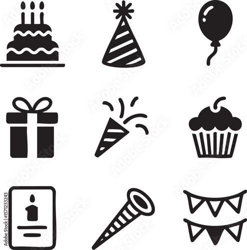Celebration birthday party icon set featuring cake gift balloon and party hat in vector format