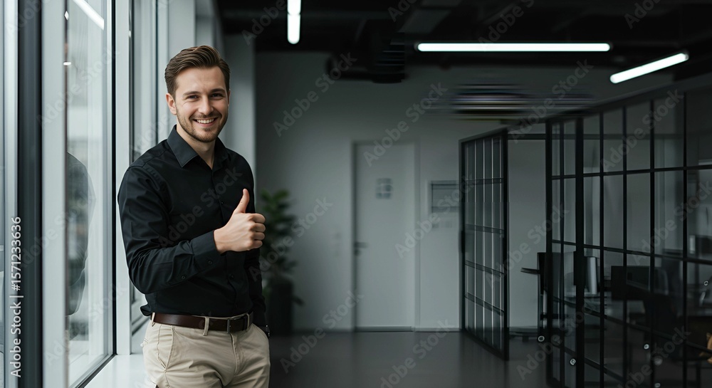 Fototapeta premium Confident Businessman Giving Thumbs Up in Modern Office