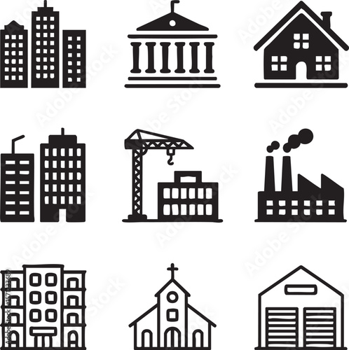 Collection of real estate and urban building black and white icon set for city development infrastructure and community