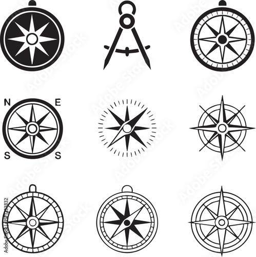 Compasses and divider tool vector icon set nautical navigation tools for design projects directional symbols black and white