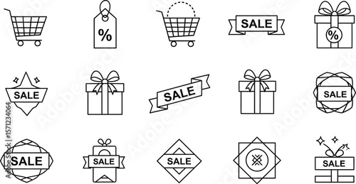 A set of fifteen black and white sale and shopping related line icons