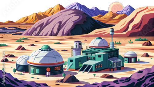 Mars landscape, red desert terrain, sci-fi planet surface, futuristic research base, space exploration scene, extraterrestrial environment, science fiction colony, alien world, astronomy, isolated sci