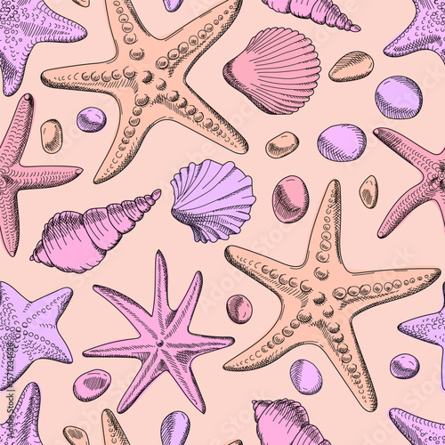 Seamless pattern with shells, starfish and pebbles in pastel colors. Vector pattern with pink and purple marine animals. Cute sea  template. Hand drawn illustration. 