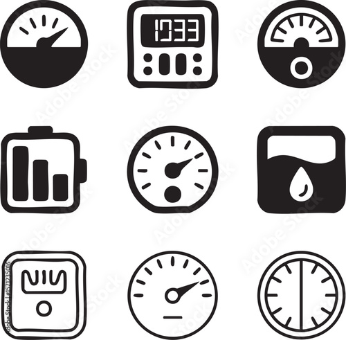 Gauges and meters black and white icon set depicting measurement scales and indicators for dashboard interfaces and graphic elements
