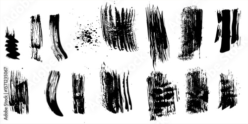 Vector brush streaks pack marker ink strokes grunge. Collection of vector paint bold brush strokes, hand drawn thick grunge lines and rectangle shapes modern grunge. Ink brush stroke set, black grunge