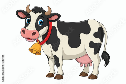 Cute cartoon cow with a red collar and golden bell on white background