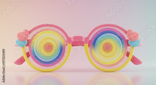 A pair of playful, pink, round glasses with swirling rainbow lenses.  Small heart-shaped candies adorn the temples