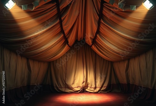 Worn, faded circus tent canvas with peeling paint, spotlight glow, vintage typography elements,  graphic design,  carnival