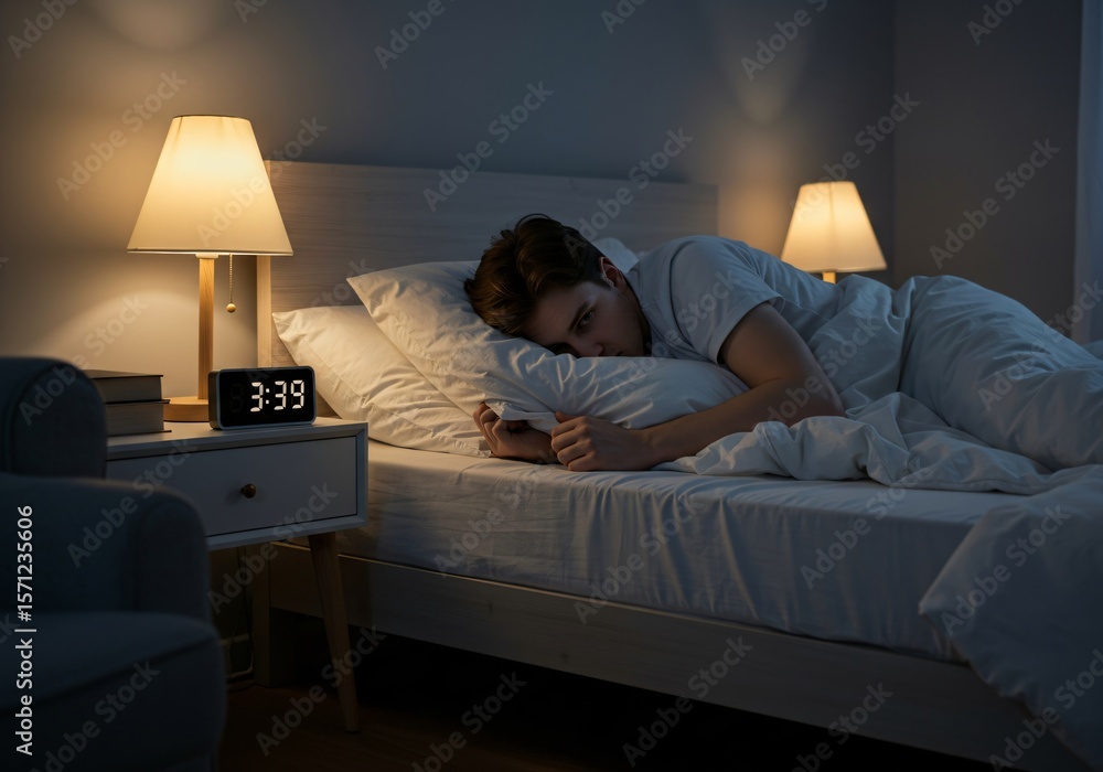 Fototapeta premium Man sleeping in bed at night, suffering from insomnia or having a dream. Sleep disorder, stress and anxiety concept.