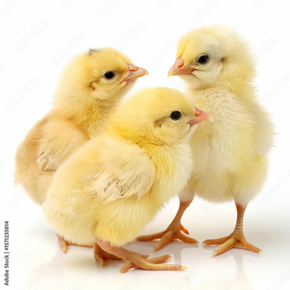 Obraz premium Three fluffy yellow chicks stand closely together, isolated on a clean white background.