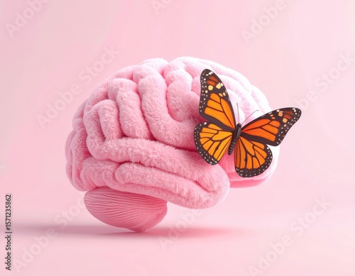 Brain model with a butterfly on a pink background. 3D Emoji