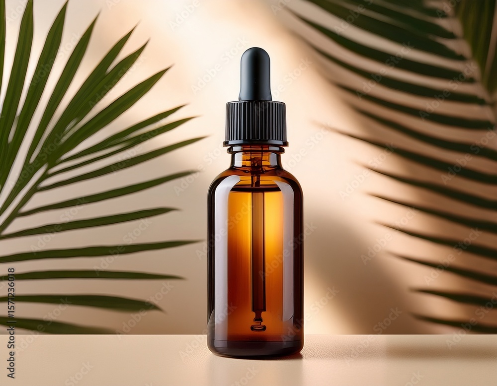 Fototapeta premium amber dropper bottle with blank label on beige tabletop and blurred palm leaves n natural skincare cosmetic packaging mock up
