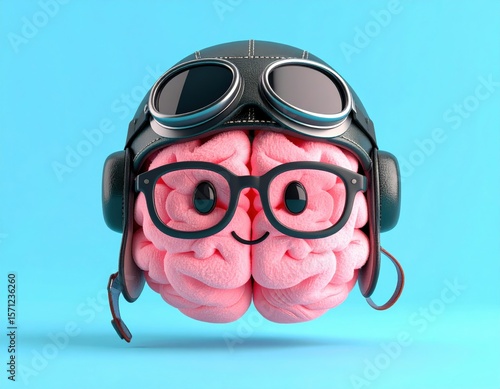 Cheerful brain wearing glasses and a pilot helmet against a blue background. 3D Emoji