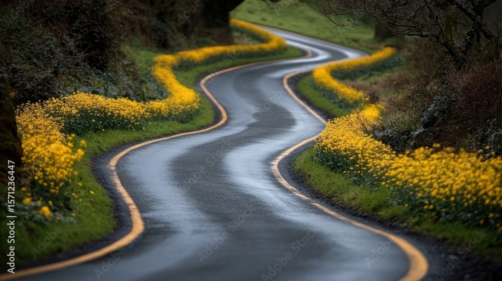 Fototapeta premium Winding road through a field of yellow flowers