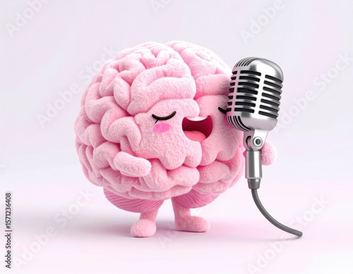 Cute brain character singing into a microphone. 3D Emoji