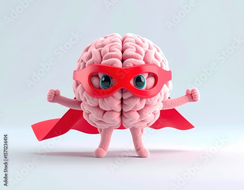 Superhero brain character with glasses and cape, symbolizing intelligence. 3D Emoji