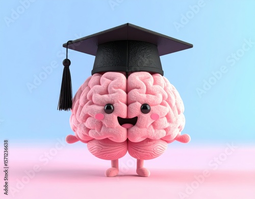 Cute cartoon brain wearing a graduation cap on a colorful background. 3D Emoji
