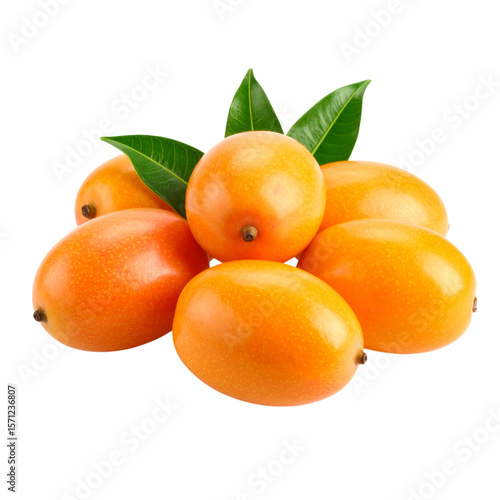 A cluster of six ripe, oval-shaped marian plums with smooth orange skin and green leaves.