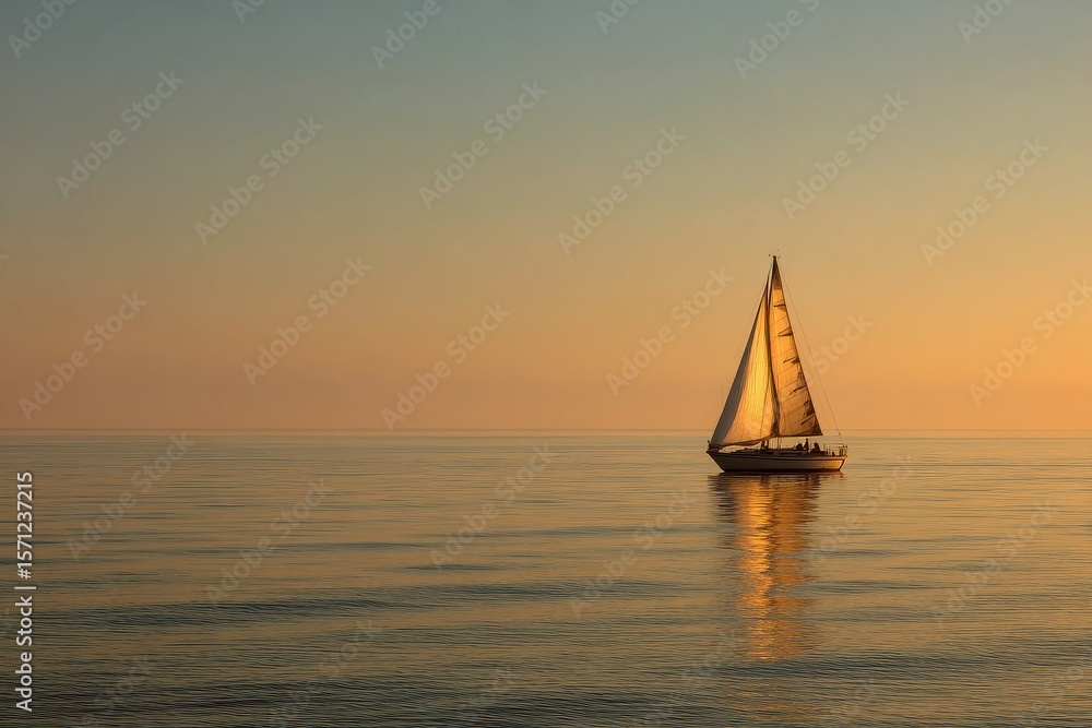 Fototapeta premium A calm view of a sailboat moving over a golden horizon bathed in warm sunrise or sunset light fosters a soothing ambiance