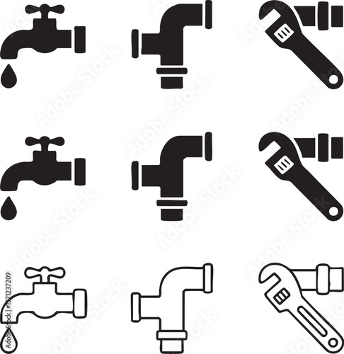 Plumbing and repair icon set with faucets pipes and wrenches in black and white simple style design elements vector illustration