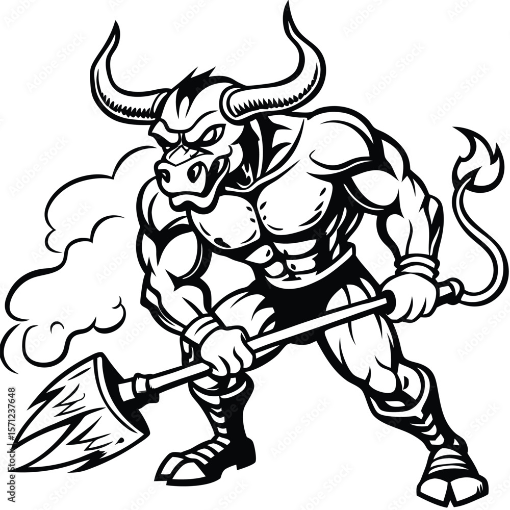 Fototapeta premium Fierce minotaur warrior holding a trident with smoke silhouette