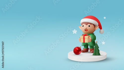 3D illustration vector render of little elf wearing santa hat holding gift box, Christmas festival, red ball, Christmas tree and snowflakes. Concept of warmth and happiness during the holidays.