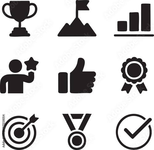 Simple black and white achievement icon set representing success goals and positive outcomes in business