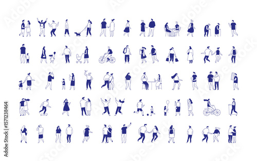 Large monochrome set of stylized flat vector characters in line art, showing diverse daily activities like walking, chatting, shopping, and cycling. Perfect for web, print, editorial.