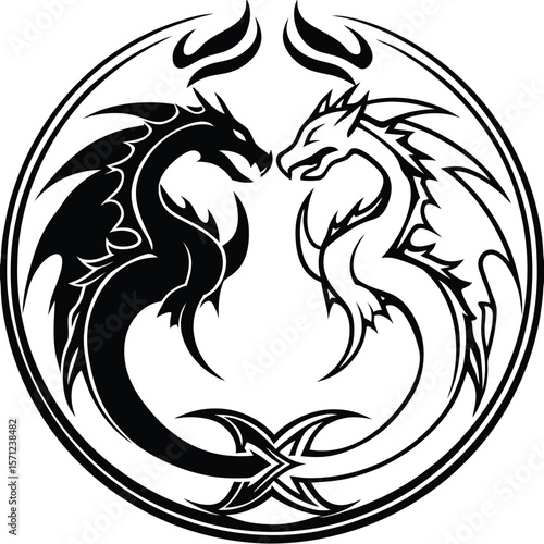 Yin yang symbol with two dragons facing each other silhouette