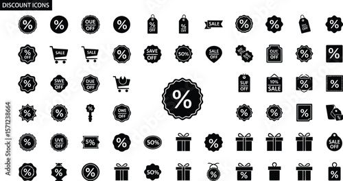 Collection of black discount and sale icons on a white background