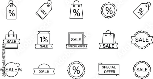 Various sale and discount icons featuring tags bags and percentage signs