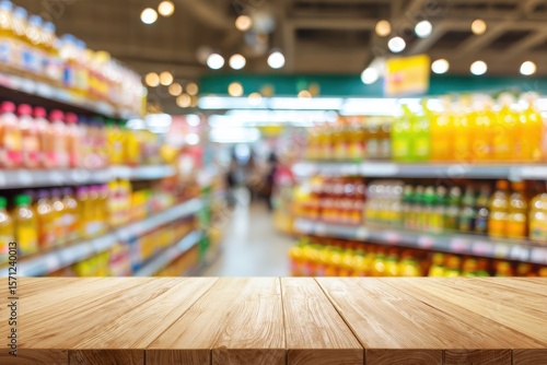 Wallpaper Mural Blurred interior of a supermarket featuring shelves with groceries and drinks along with a wooden display table Torontodigital.ca