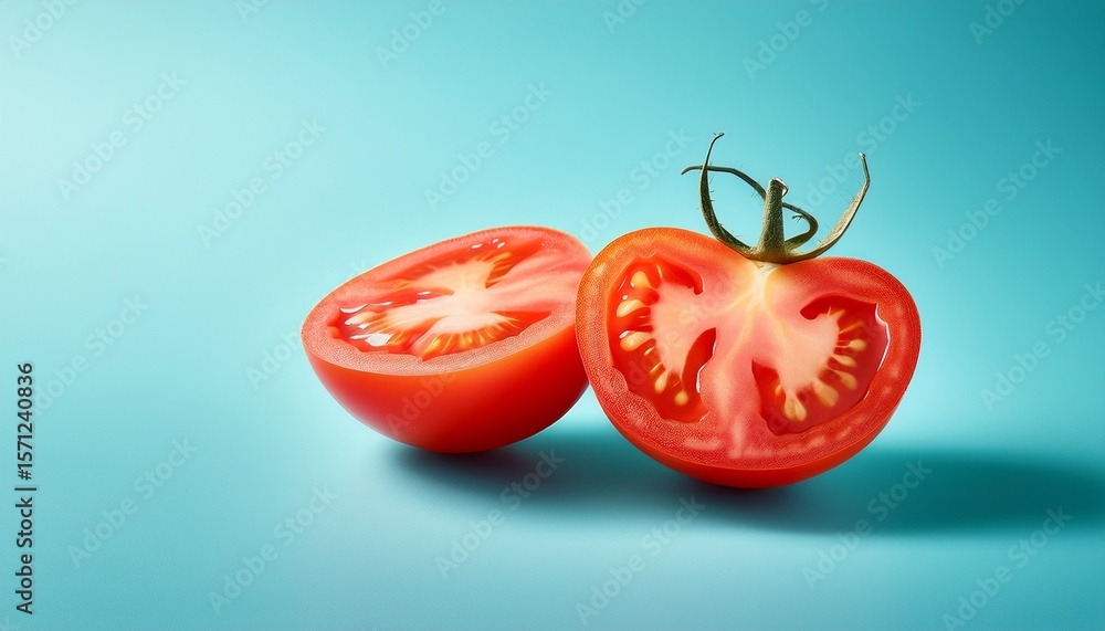 ripe tomato halved on pastel blue background fresh produce concept for culinary design ripe tomato halved on pastel blue background fresh produce concept for culinary design