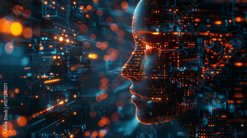 Artificial intelligence theme with neural networks, circuit diagrams, and a glowing human silhouette.