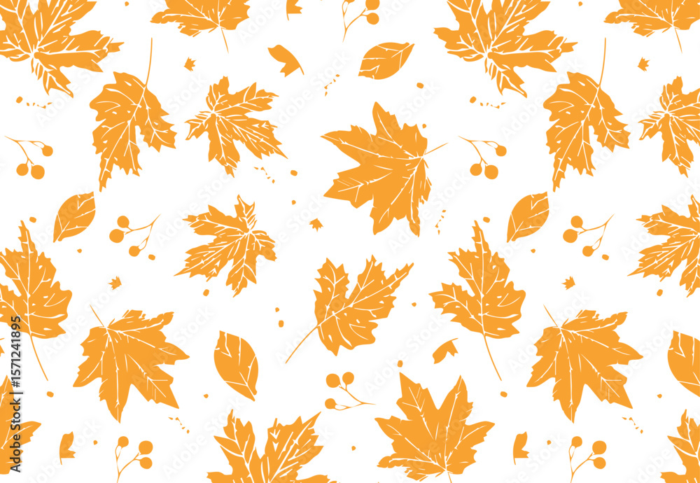 Maple leaves and berries seamless pattern in hand-drawn vector style, warm orange color, clean flat texture, perfect for autumn wrapping paper, textiles, backgrounds, seasonal products.