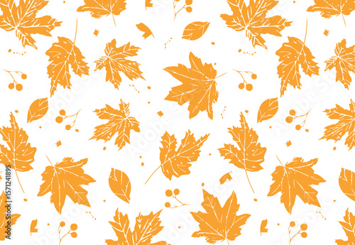 Maple leaves and berries seamless pattern in hand-drawn vector style, warm orange color, clean flat texture, perfect for autumn wrapping paper, textiles, backgrounds, seasonal products.
