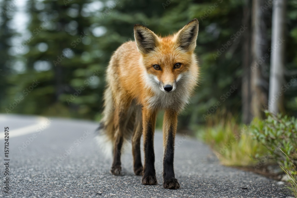 Fototapeta premium Fox strolling along a road in a national park