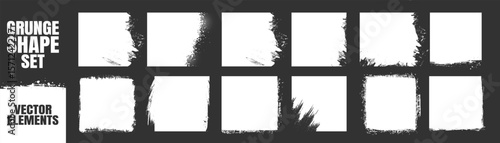 Grunge square shapes, rough brush textured vector design elements, ink frame set for abstract decoration on transparent background.
