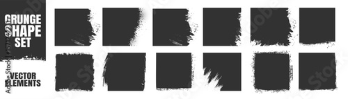 Grunge square shapes, rough brush textured vector design elements, ink frame set for abstract decoration on transparent background.