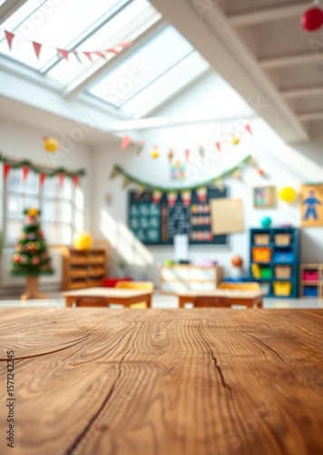 Wooden table top with blurred festive background of a kindergarten classroom Empty room interior design architecture blank design room