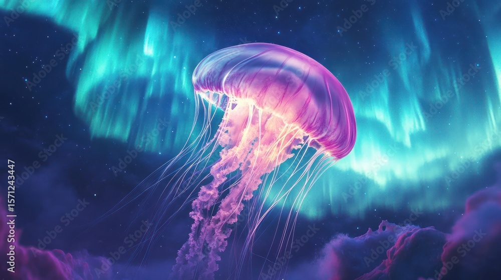 Glowing Jellyfish Amidst Aurora Borealis and Nebula Clouds Illustration Glowing Jellyfish Amidst Aurora Borealis and Nebula Clouds Illustration