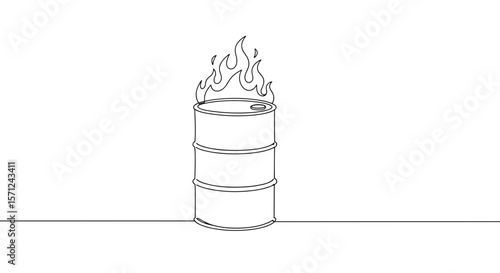 Burning oil drum in line art style on white background  