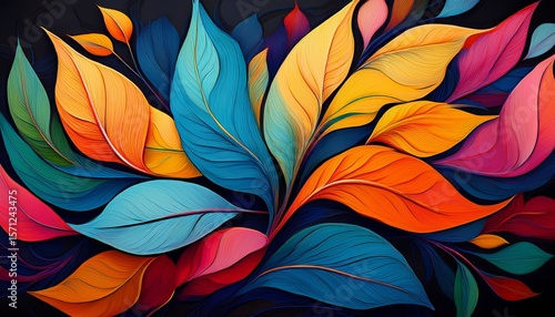 vibrant abstract artwork featuring bold colorful leaves in orange pink blue green and yellow on a black background