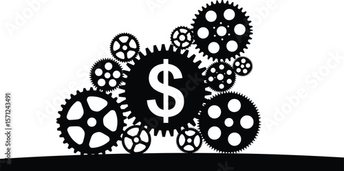 Gears turning with a dollar sign symbolize the mechanics of finance and business operations